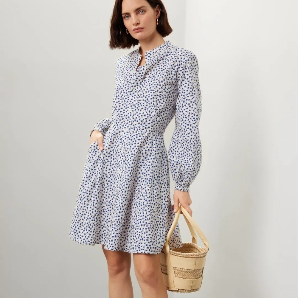 POLO Ralph Lauren Blue & White Floral Cotton Balloon Sleeve Dress 6